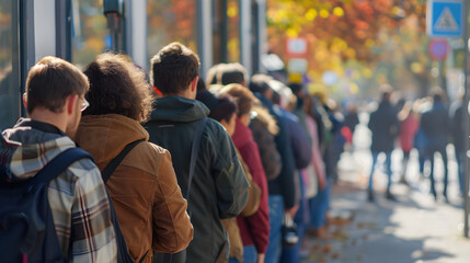 Crowded city street with diverse group of people waiting in line, looking bored and impatient.