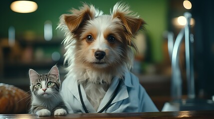 Vet examining dog and cat. Puppy and kitten at veterinarian doctor. Animal clinic. Pet check up and vaccination. Health care.
