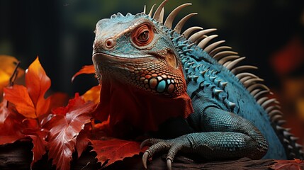 Fototapeta premium vibrant red and blue iguana with intricate scales and spines posing on a log with autumn leaves in the background