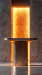 A modern metal presentation base with a smooth finish, illuminated by warm golden backlight, perfect for product showcase.