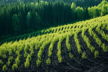 Fototapeta premium Young trees planted on a hillside as part of a reforestation effort, promoting environmental sustainability and forest regeneration