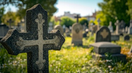 Madrid, Spain; 6th June 2021: Crosses in the foreground and tombstones in the background of the old cemetery of San Isidro in Madrid, Spain. generative ai