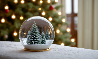 A glass ball with three trees inside of it sits on a white surface. The scene is set in a room with a Christmas tree in the background. Scene is festive and joyful