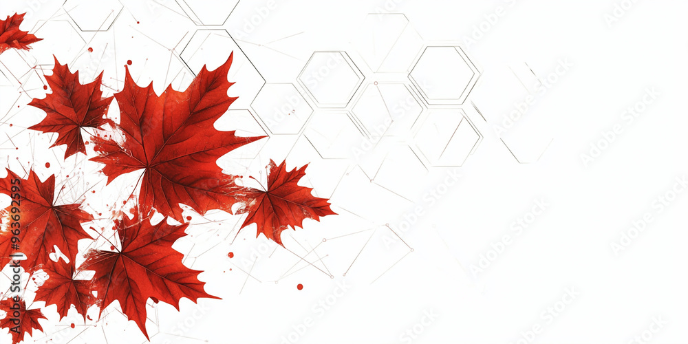 Wall mural elegant red maple leaf design with hexagonal geometric patterns on a white background, representing 