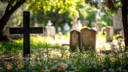 Madrid, Spain; 6th June 2021: Crosses in the foreground and tombstones in the background of the old cemetery of San Isidro in Madrid, Spain. generative ai