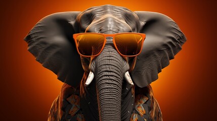 wild gray elephant in trendy sunglasses against orange background