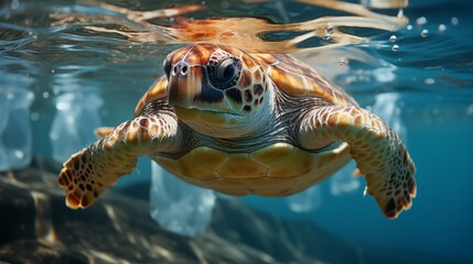 Fototapeta premium wild sea turtle in transparent plastic bag swimming underwater representing concept of environmental pollution
