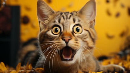 Young crazy surprised cat make big eyes closeup on yellow background