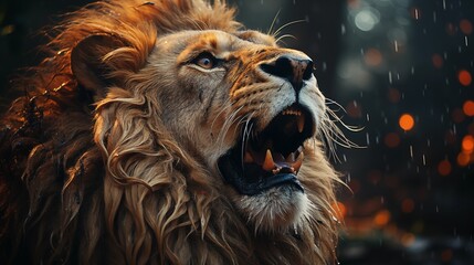 Naklejka premium Young lion roaring in the gentle rain close-up