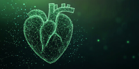 Futuristic Digital Heart Hologram in Green, Representing Medical Technology, Health Innovation, and Artificial Intelligence in Healthcare