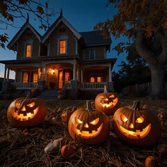 Obraz premium Evil pumpkins Halloween Night Scene with Bats and Haunted House, Halloween haunted mansion Halloween scary scene, Halloween house, Halloween night scene with castle