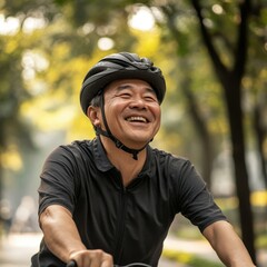 Senior man joyfully cycling through a sunlit park on a warm afternoon