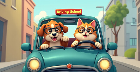 Funny driving school with smiling dog instructor and happy cat driver,. Cool characters. Creative, unusual illustration with animals.