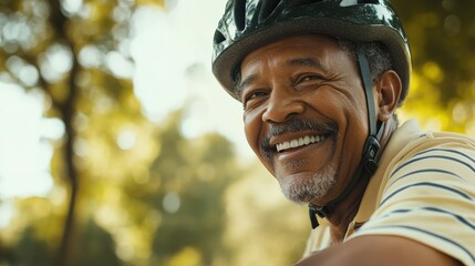 Smiling senior man wearing a helmet outdoors during a sunny day