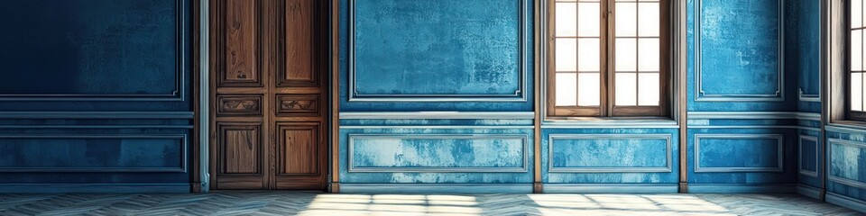 Luxurious Parisian room in blue with vintage wood details.