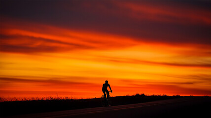 秋の夕暮れに自転車を漕ぐ