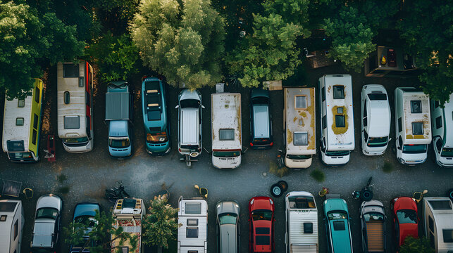 Row of identical white campervans parked in a uniform pattern under a clear blue sky.