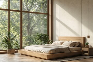 Fototapeta premium Minimalist bedroom featuring a wooden bed frame, large windows, and neutral decor. Modern interior design with hardwood floors. 3D Rendering generative ai
