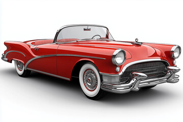 A beautifully restored classic red vintage car featuring gleaming chrome accents and whitewall tires.