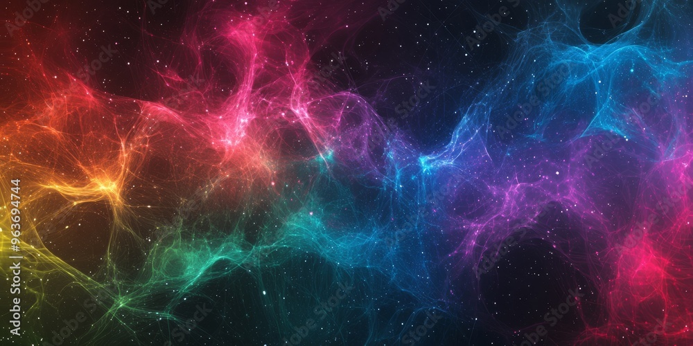 Poster this cosmic abstract background features glowing neon swirls, creating a mesmerizing multidimensiona