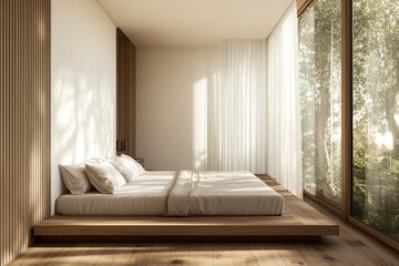 Minimalist bedroom featuring a wooden bed frame, large windows, and neutral decor. Modern interior design with hardwood floors. 3D Rendering generative ai