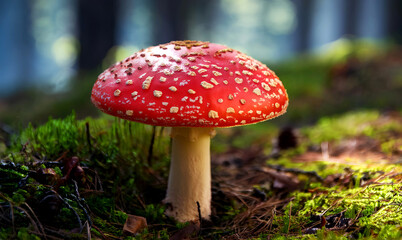 Red poison mushroom in the forest