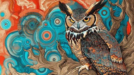 Obraz premium Surrealistic Colorful Owl Oil Painting, Texture, Pattern Background, Wallpaper, Cover and Screen for Smartphone, PC, Laptop, 9:16 and 16:9 Format