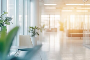 Fototapeta premium Modern bright office interior with furniture and daylight. Blurred background. generative ai