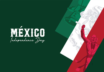 VECTORS. Editable banner for Mexico Independence Day and Independence festivities. Miguel Hidalgo, Cry of Dolores, bell, flag © DanielaJGraphics