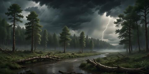 Woodland landscape in a thunderstorm, dramatic skies filled with dark clouds, trees bending in the wind, an eerie yet captivating scene, dark deep river. AI generated