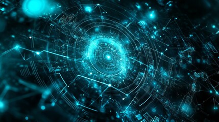 Obraz premium This is a captivating digital abstract background that showcases a mesmerizing futuristic network filled with radiant glowing elements. It is perfect for themes related to technology and business