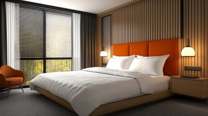 Modern design guest room hotel interior and decoration with white bedding orange headboard, wooden wall decoration, grey carpet, blind window and ceiling lighting 3d rendering bedroom.generative ai