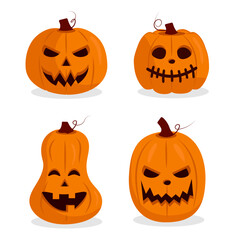 Set of halloween spooky pumpkin Jack-O'-Lanterns. Isolated on white background. Vector illustration.