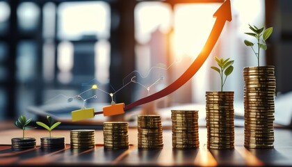 Growing Investment Concept with Stacked Coins and Plants
