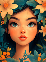 Enchanting portrait of a young woman adorned with vibrant flowers, showcasing her striking blue eyes and natural beauty, perfect for eco-friendly and beauty themes
