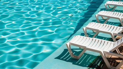 Obraz premium Empty sunbeds in a row by the hotel pool, waiting for guests to relax and soak.