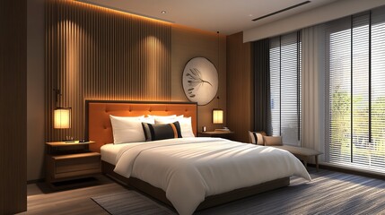 Modern design guest room hotel interior and decoration with white bedding orange headboard, wooden wall decoration, grey carpet, blind window and ceiling lighting 3d rendering bedroom.generative ai