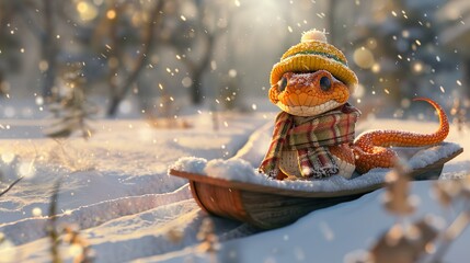 Snake in a hat and scarf on a sled in winter in nature. New Year's card. Symbol of the year. Horizontal poster.