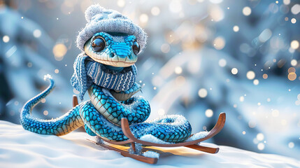 Snake in a hat and scarf on a sled in winter in nature. New Year's card. Symbol of the year. Horizontal poster.