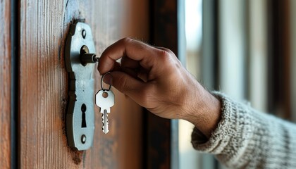 Hand Turning Key in Door Lock, Symbolizing Security and Ownership