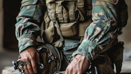 Soldier Preparing Tactical Gear for Mission, Close-Up View