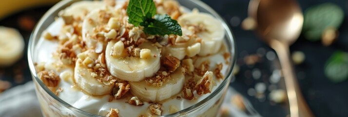 Naklejka premium Delicious magnolia parfait dessert elegantly displayed in a glass bowl.