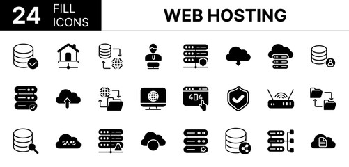 Collection of 24 web hosting fill icons featuring editable strokes. These outline icons depict various modes of web hosting, server, backup, domain, ftp, cyberspace, database,