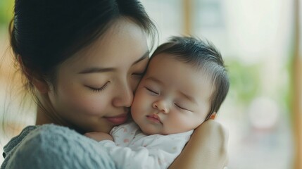 Mother carrying her newborn baby girl on shoulder at home. Cute 19 days Asian Australian infant baby sleeping in mom arms. Parent and little kid relaxing at home. generative ai