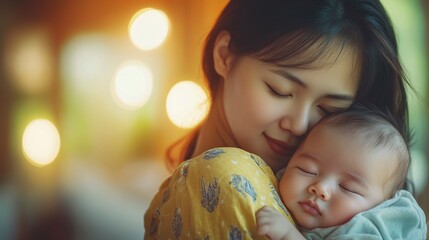 Naklejka premium Mother carrying her newborn baby girl on shoulder at home. Cute 19 days Asian Australian infant baby sleeping in mom arms. Parent and little kid relaxing at home. generative ai