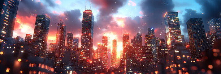 A city skyline at dusk with a fiery sky.