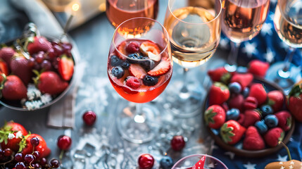 Red, white, and blue snacks and drinks at a patriotic-themed party celebration. Patriotic decorations abound.