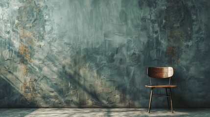 Steel and wood chair against textured grey wall with empty space for text