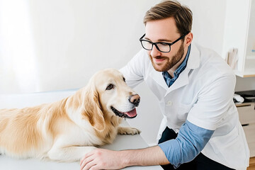 Veterinarian examining a golden retriever in a clinic