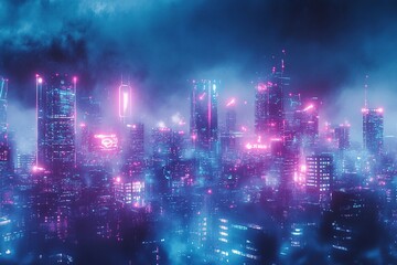 Fototapeta premium Panoramic urban architecture, cityscape with space and neon light effects. Modern hi-tech, science, futuristic technology concept. generative ai